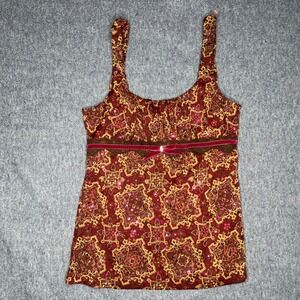 Self Esteem Women's‎ Medium Burgundy Gold Patterned Tank Top Sequins Bow